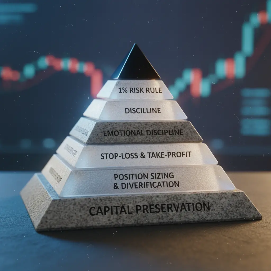 Trading risk management pyramid showing capital preservation at the base.