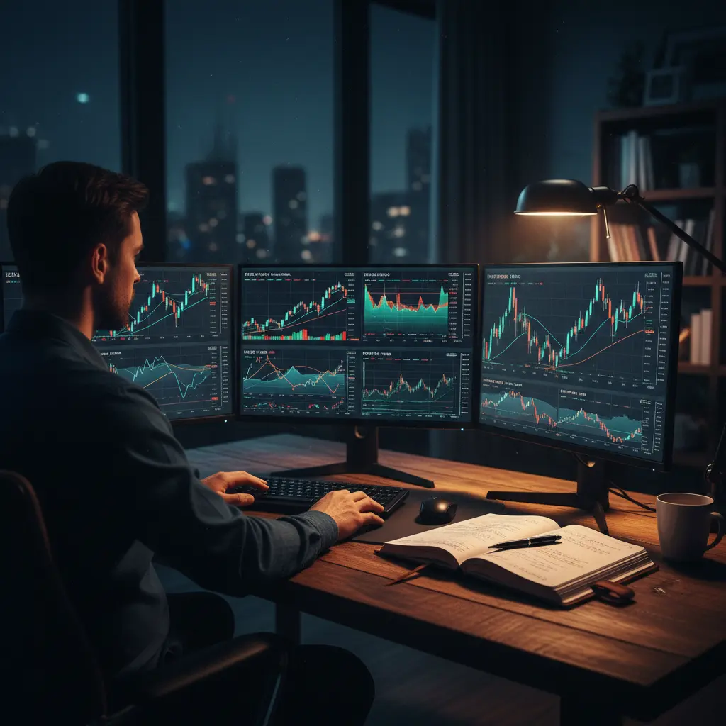 Trader using multiple screens with charts and a trading journal