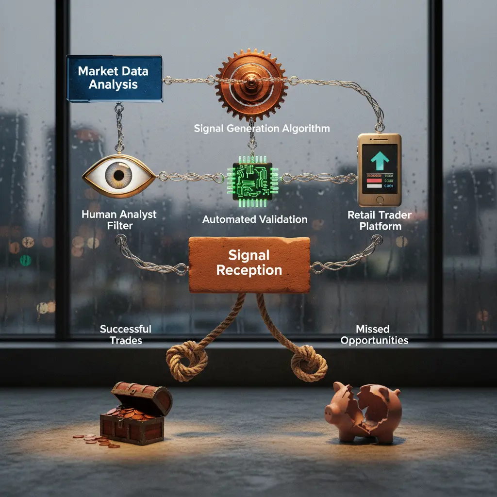 Flowchart illustrating the generation and reception of forex trading signals