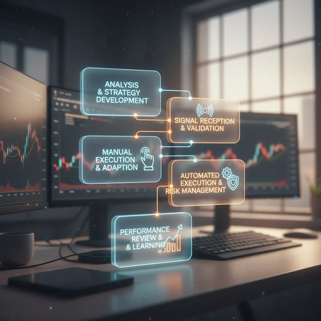 Diagram of a structured trading workflow with signal integration