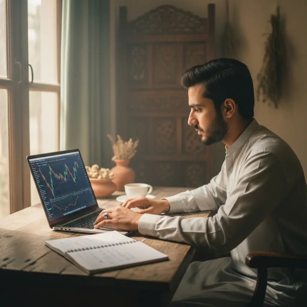 Trader analyzing charts on a laptop in Lahore