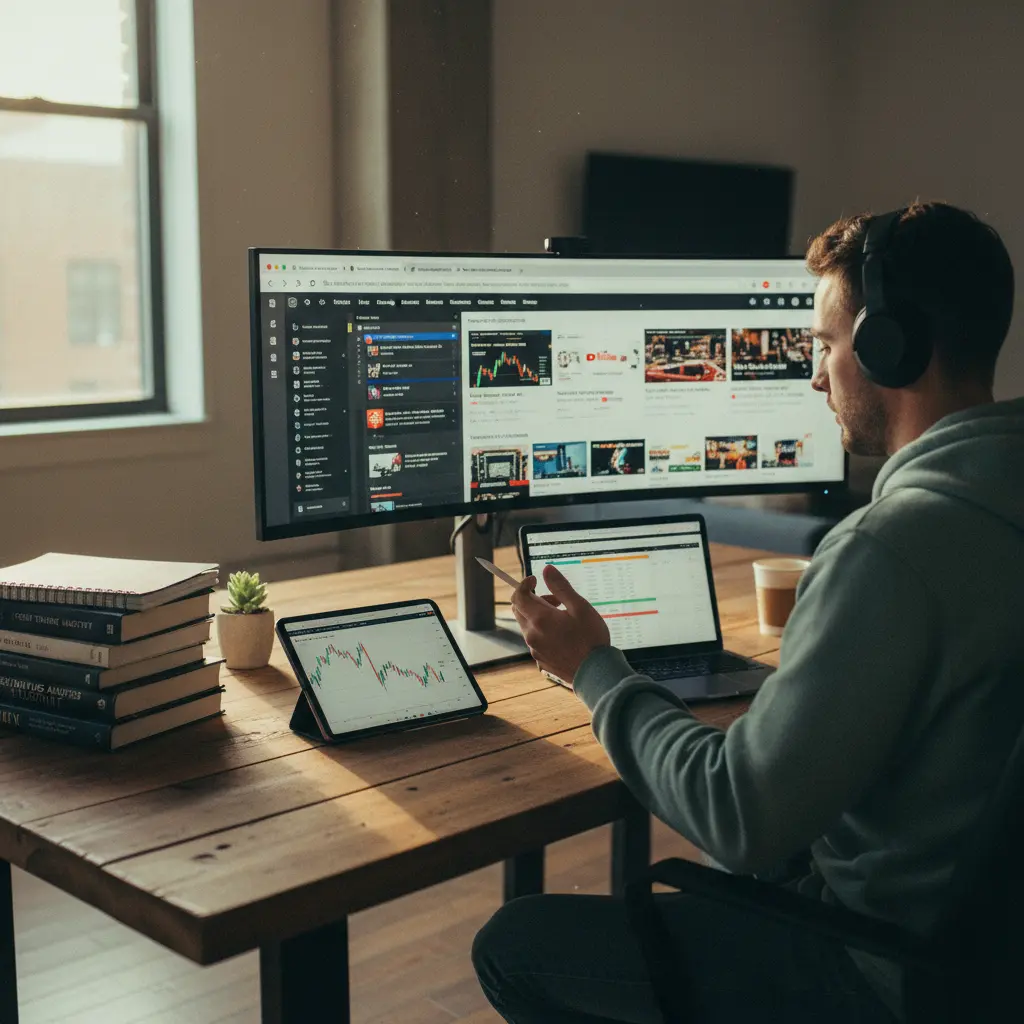 Trader comparing Forex course materials and online resources