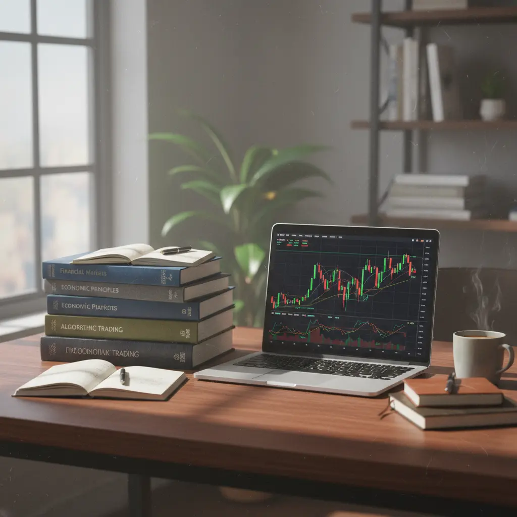 Stack of books and laptop showing Forex charts for self-study