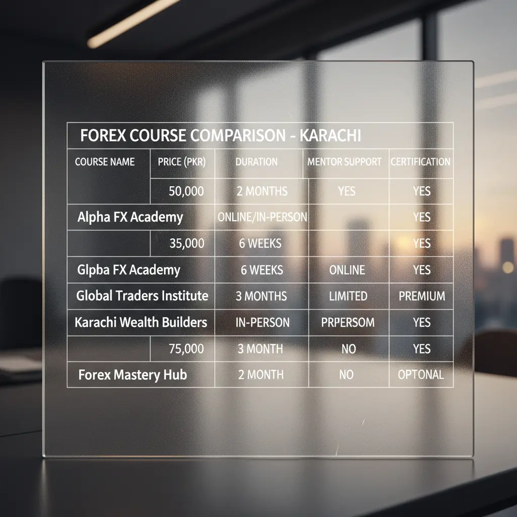 Comparison table of Forex course features in Karachi