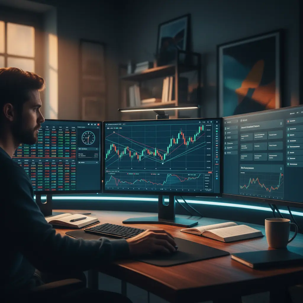 Trader analyzing charts on multiple screens, representing continuous learning