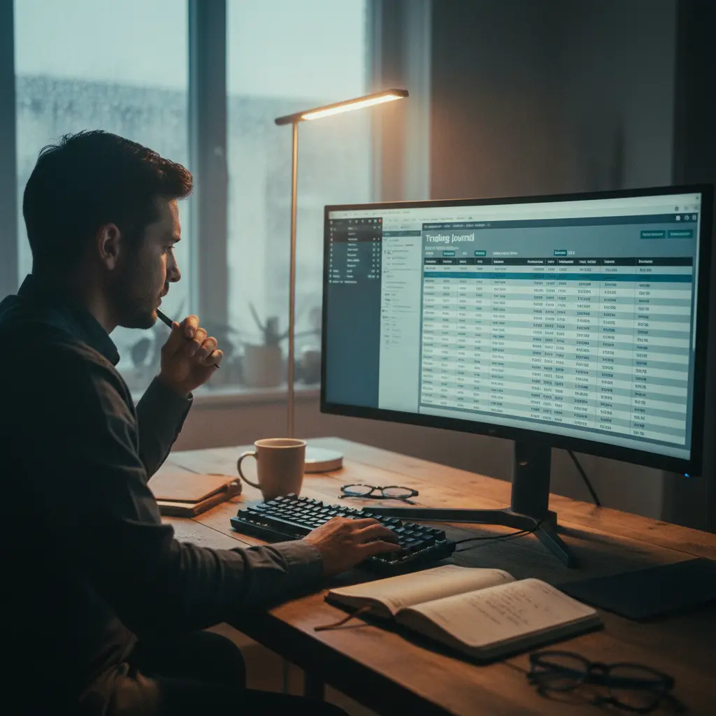 Trader reviewing a detailed trading journal on a computer screen