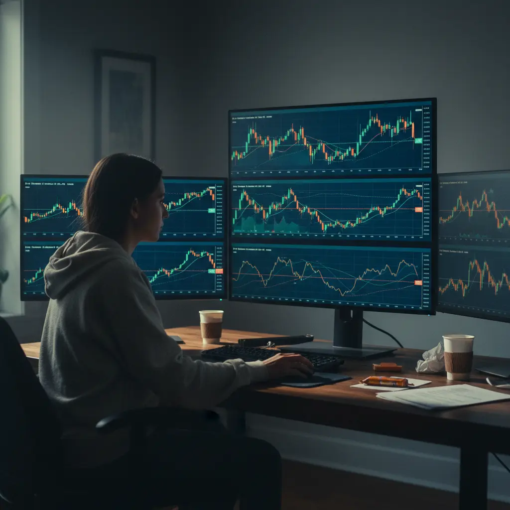 Trader monitoring multiple charts on a computer screen
