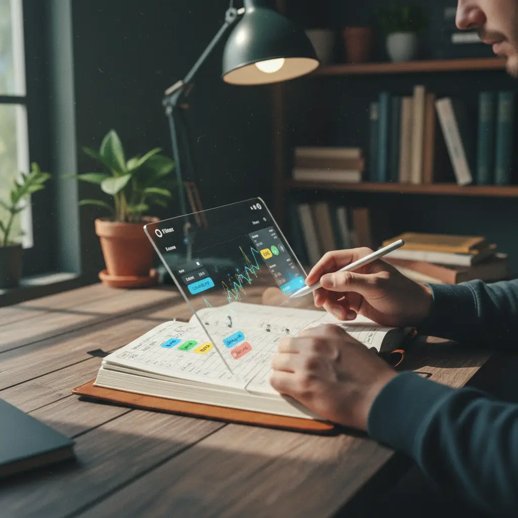 Trader reviewing trading journal with tags