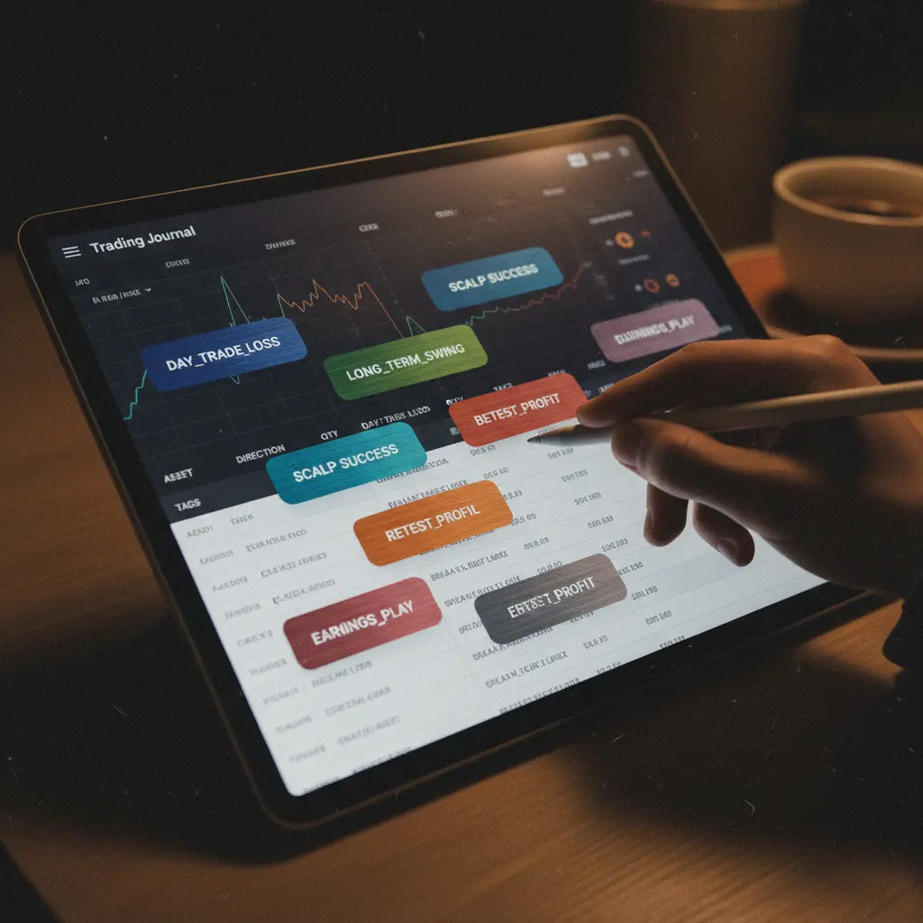 Screenshot of a trading journal with trade tags