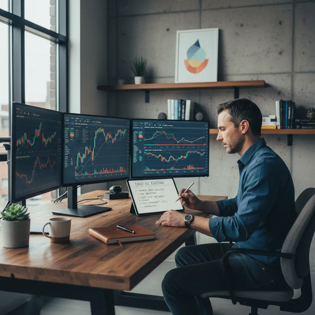 Trader at desk planning their daily forex trading routine.