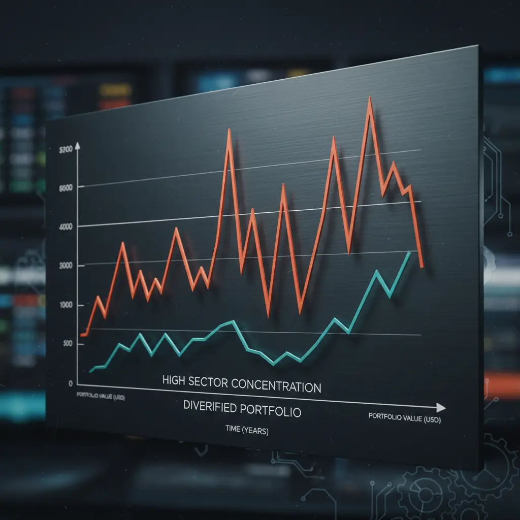 Graph showing portfolio performance with high sector concentration vs. diversified portfolio