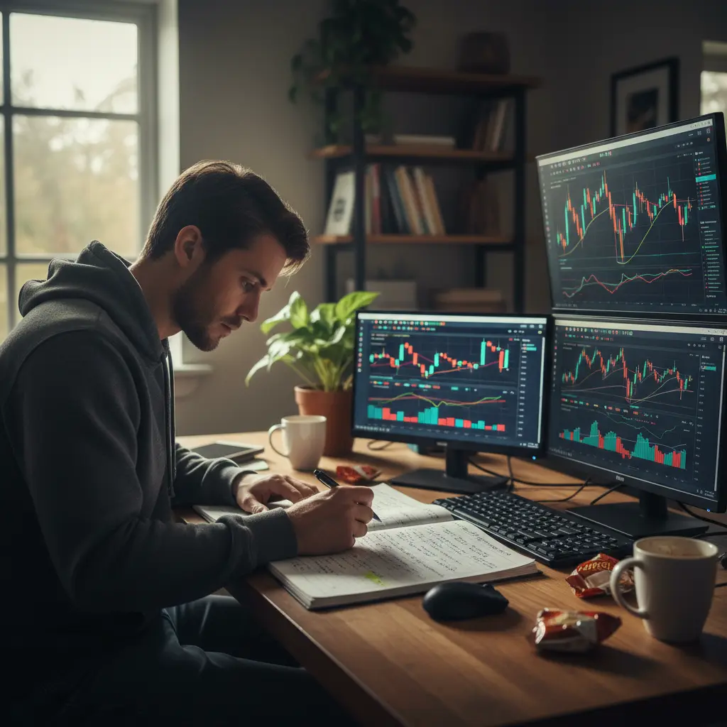 Trader analyzing charts and journal