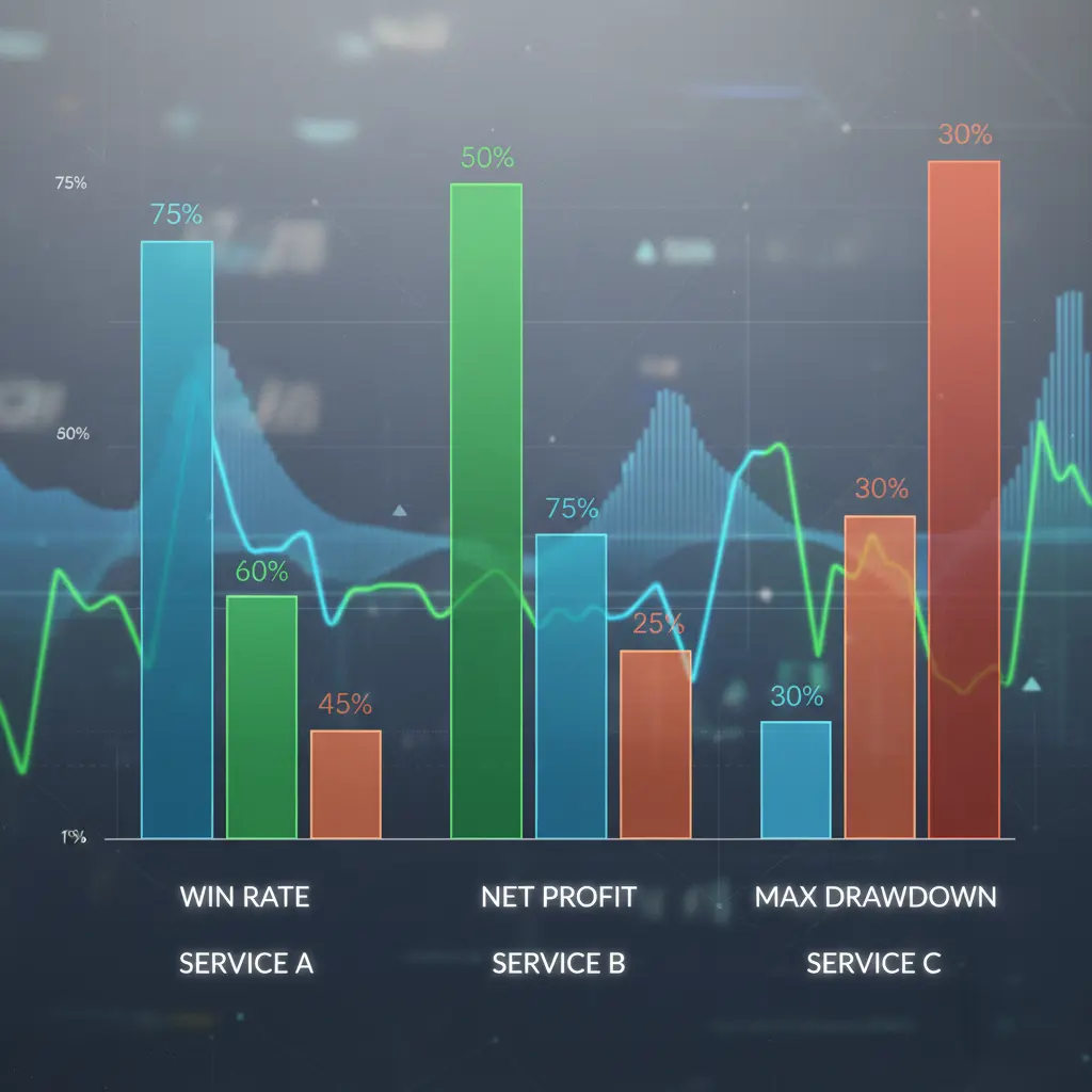 Chart comparing win rate, net profit, and drawdown for different trading signal services.