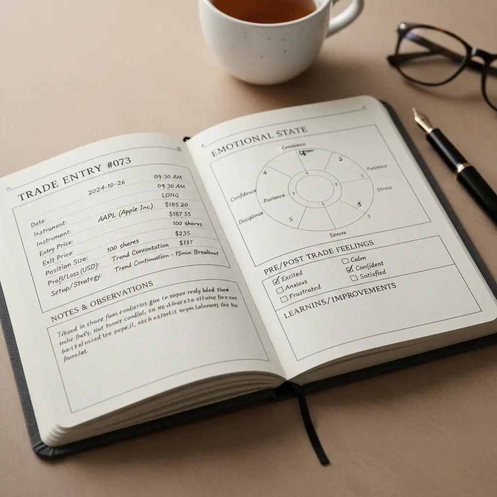 Example of a detailed trading journal entry with fields for trade details and emotional state.